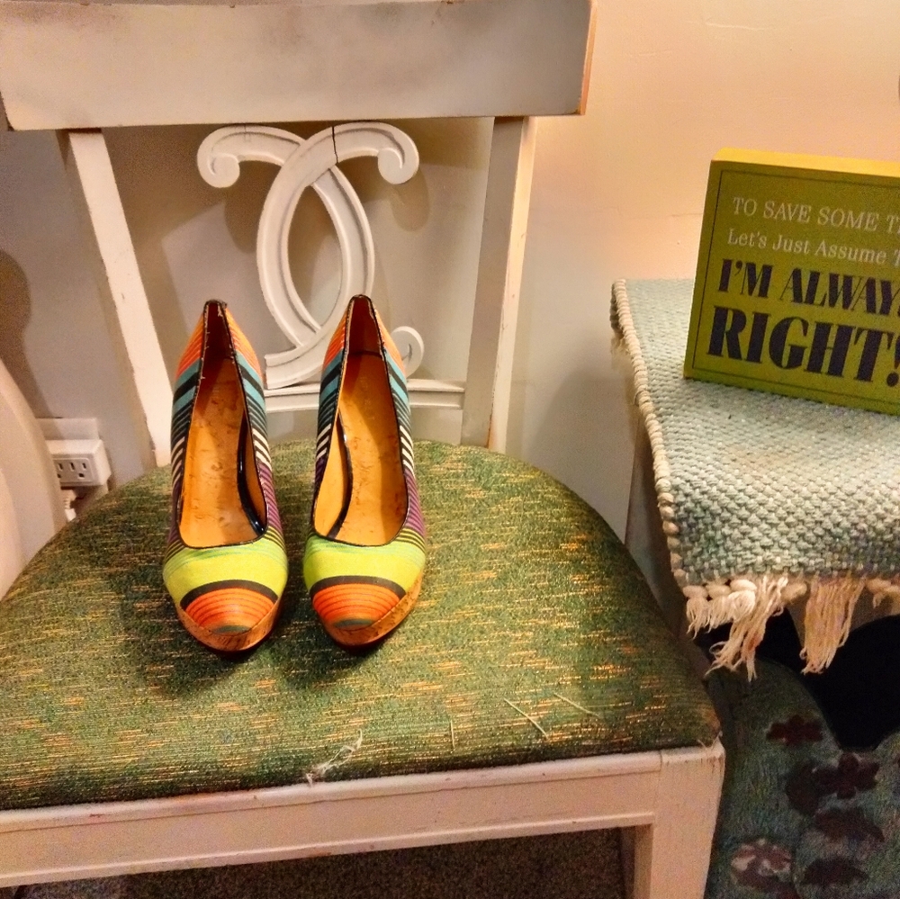 Multi-Colorful Striped Women's Cork Platform Heels